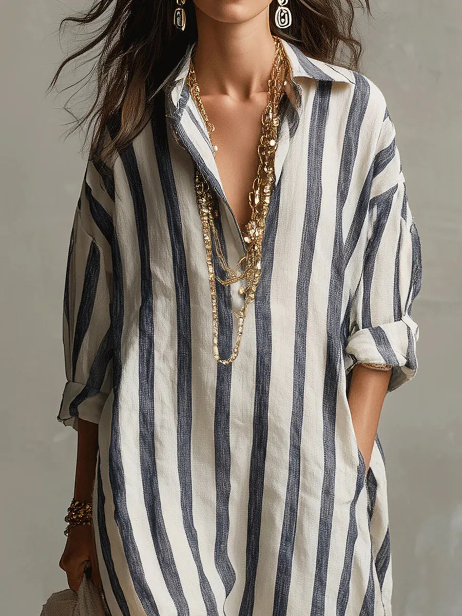 Women's Lightweight Striped Linen Blend Shirt Dress | Relaxed Fit Casual Summer Dress 2