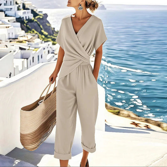 Women's Lightweight Two-Piece Set | Elegant Wrap-Front Top and Cropped Pants for Summer 0