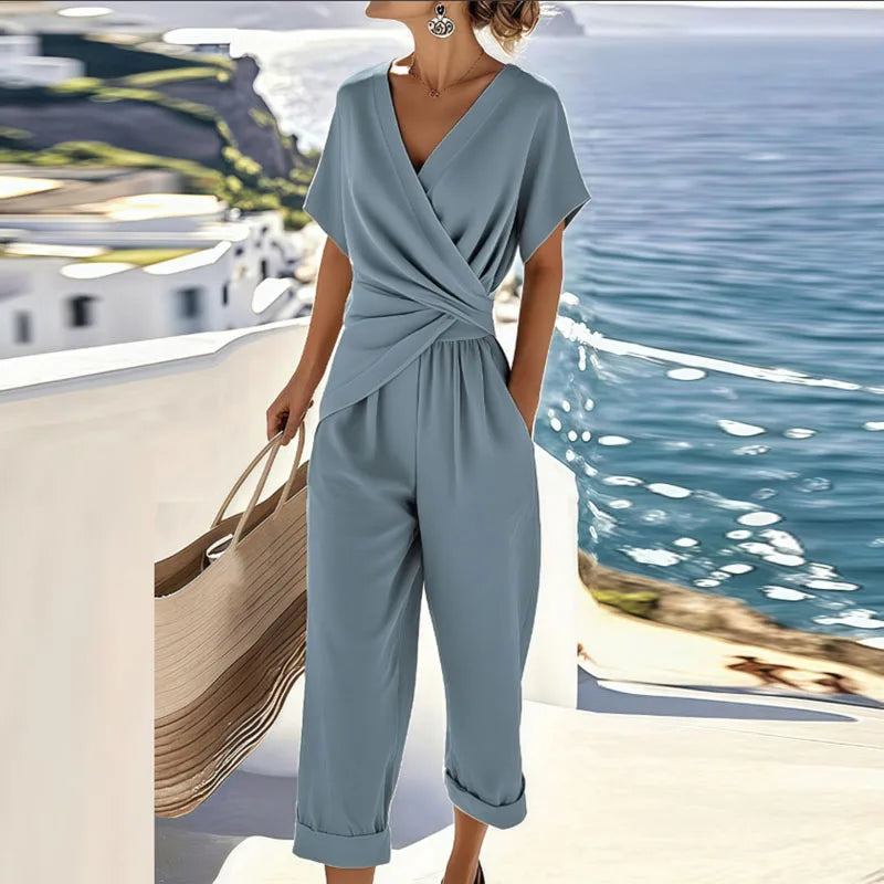 Women's Lightweight Two-Piece Set | Elegant Wrap-Front Top and Cropped Pants for Summer 1