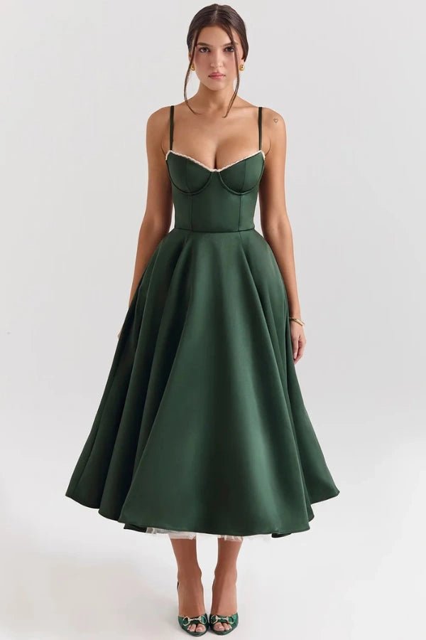 Women's Luxurious Satin Midi Dress | Elegant Corset Design with Flowing Tulle Skirt 9