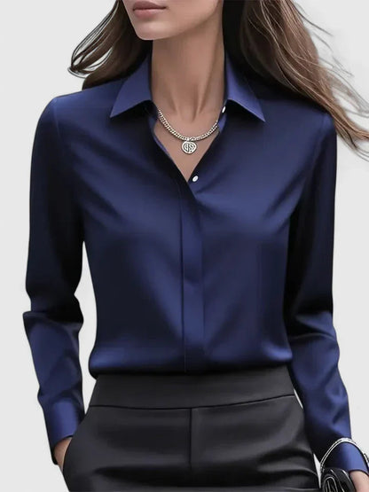 Women's Navy Satin Blouse | Elegant Button-Down Office Shirt 0