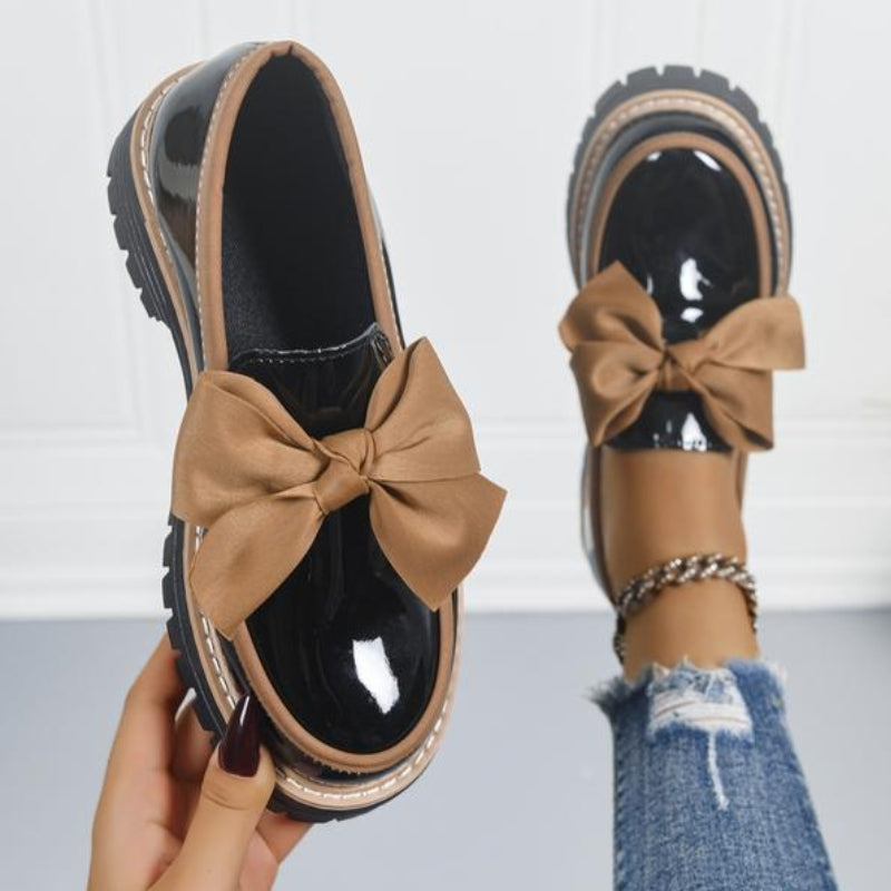 Women's Patent Leather Platform Loafers | Stylish Bowknot Slip-On Shoes 0