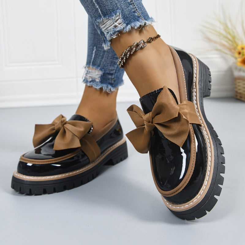 Women's Patent Leather Platform Loafers | Stylish Bowknot Slip-On Shoes 1
