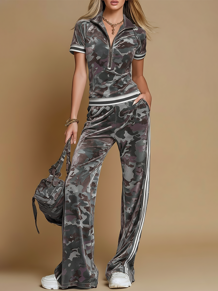 Women's Plush Velvet Camouflage Outfit | Stylish Two-Piece Athletic Set 1