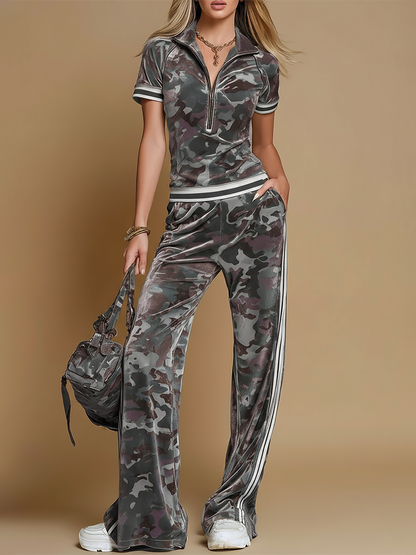 Women's Plush Velvet Camouflage Outfit | Stylish Two-Piece Athletic Set 1