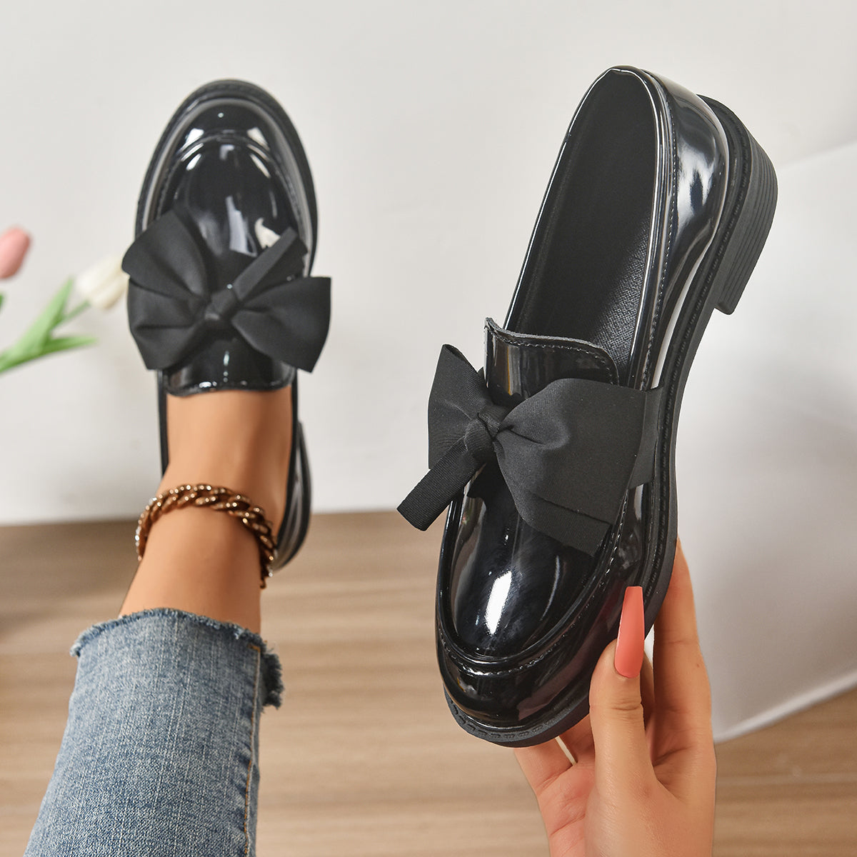 Women's Premium Glossy Leather Platform Loafers | Elegant Slip-On Shoes with Bow Accent 10