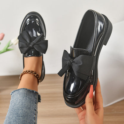 Women's Premium Glossy Leather Platform Loafers | Elegant Slip-On Shoes with Bow Accent 10