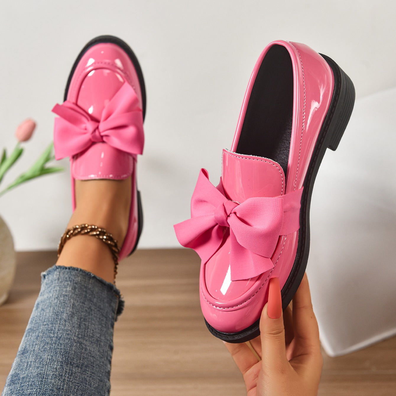 Women's Premium Glossy Leather Platform Loafers | Elegant Slip-On Shoes with Bow Accent 8