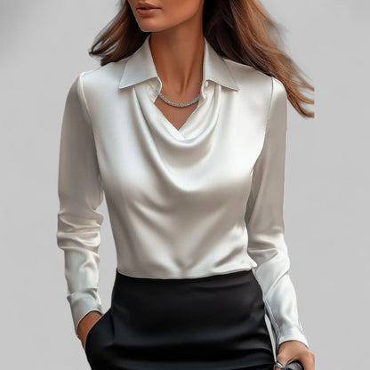 Women's Satin Long Sleeve Blouse | Elegant Draped Neck Chic Top 0