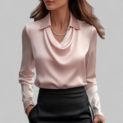 Women's Satin Long Sleeve Blouse | Elegant Draped Neck Chic Top 2