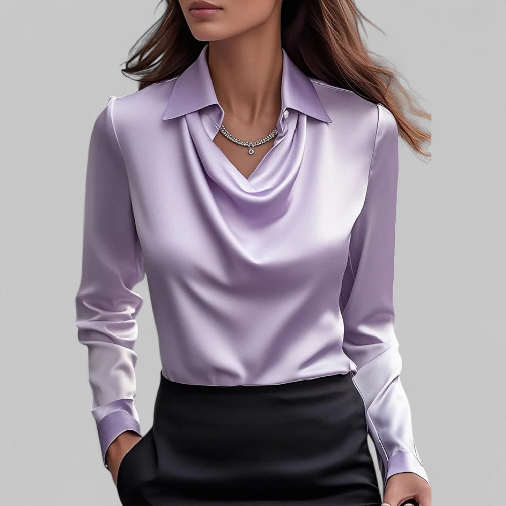 Women's Satin Long Sleeve Blouse | Elegant Draped Neck Chic Top 3