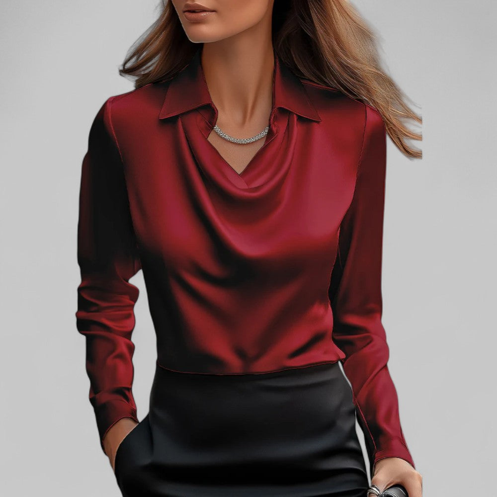Women's Satin Long Sleeve Blouse | Elegant Draped Neck Chic Top 4