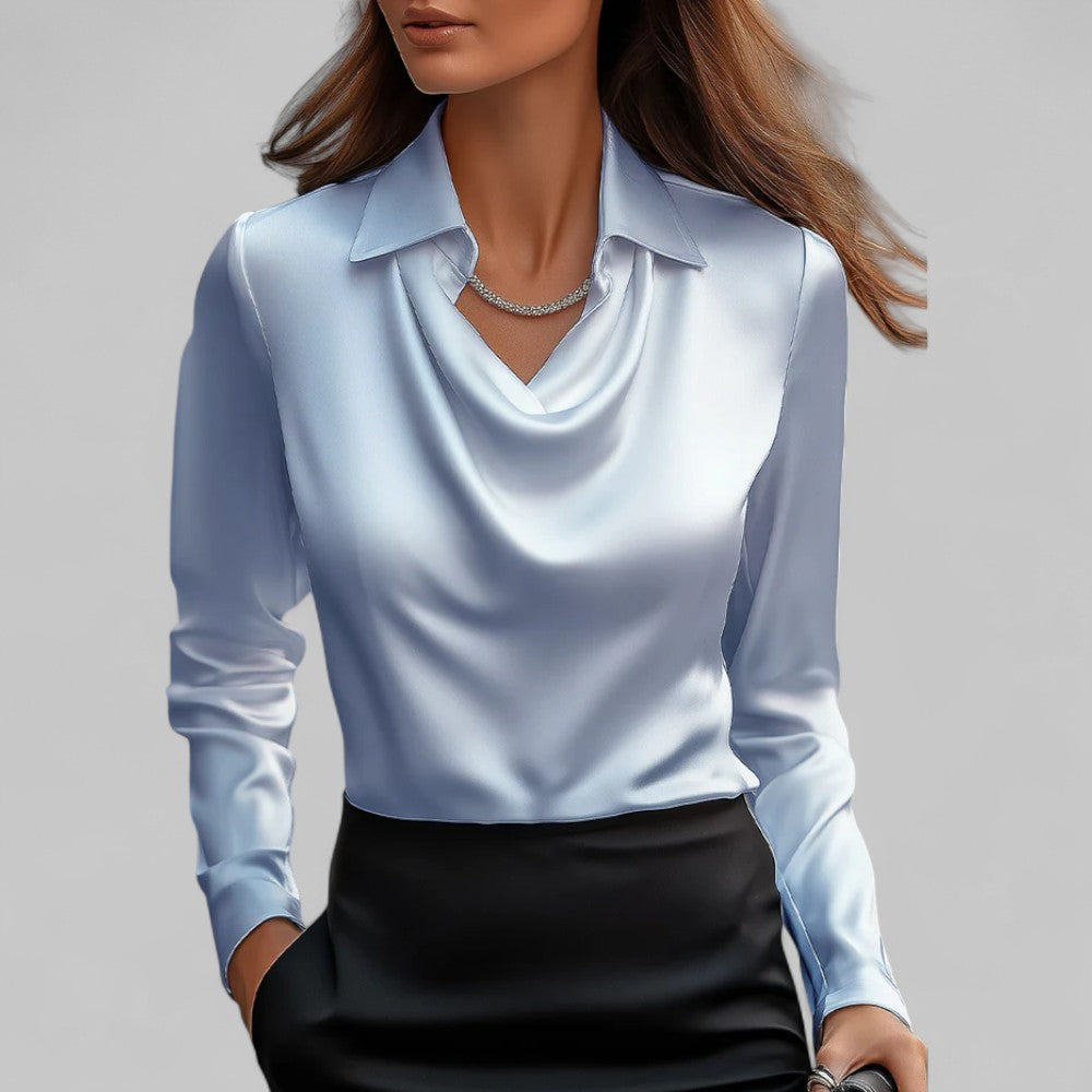 Women's Satin Long Sleeve Blouse | Elegant Draped Neck Chic Top 5