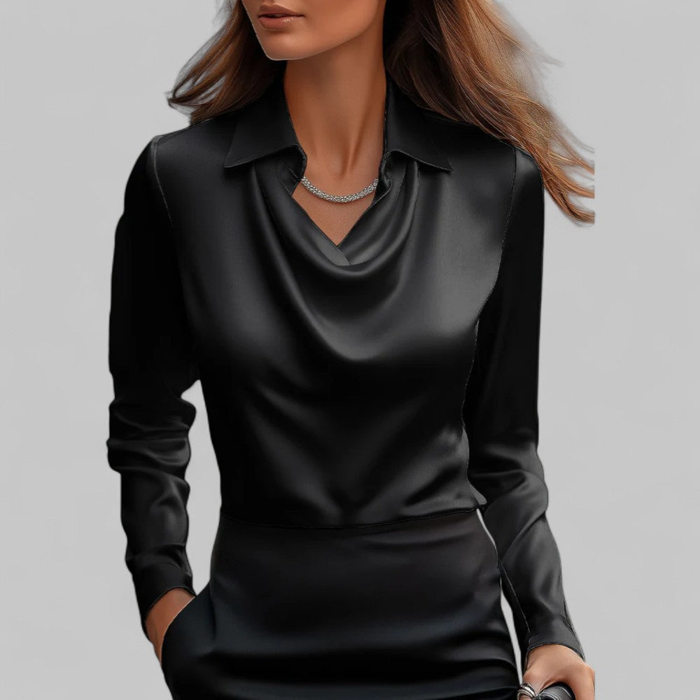 Women's Satin Long Sleeve Blouse | Elegant Draped Neck Chic Top 8