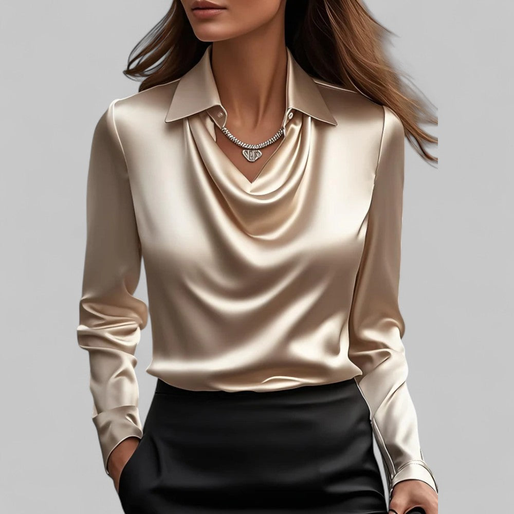 Women's Satin Long Sleeve Blouse | Elegant Draped Neck Chic Top 9