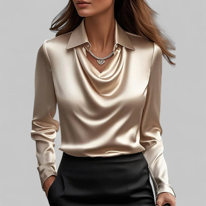 Women's Satin Long Sleeve Blouse | Elegant Draped Neck Chic Top 9