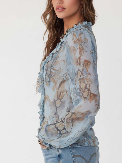 Women's Sheer Chiffon Blouse | Elegant Ruffled V-Neck Summer Top with Puff Sleeves 2