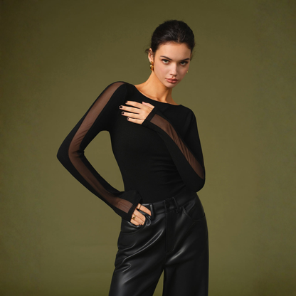 Women's Sheer Mesh Long Sleeve Bodysuit | Elegant Fitted Body Suit for Evening Wear 0
