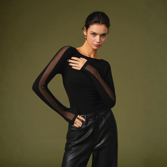 Women's Sheer Mesh Long Sleeve Bodysuit | Elegant Fitted Body Suit for Evening Wear 0