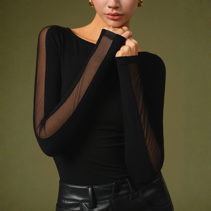 Women's Sheer Mesh Long Sleeve Bodysuit | Elegant Fitted Body Suit for Evening Wear 1