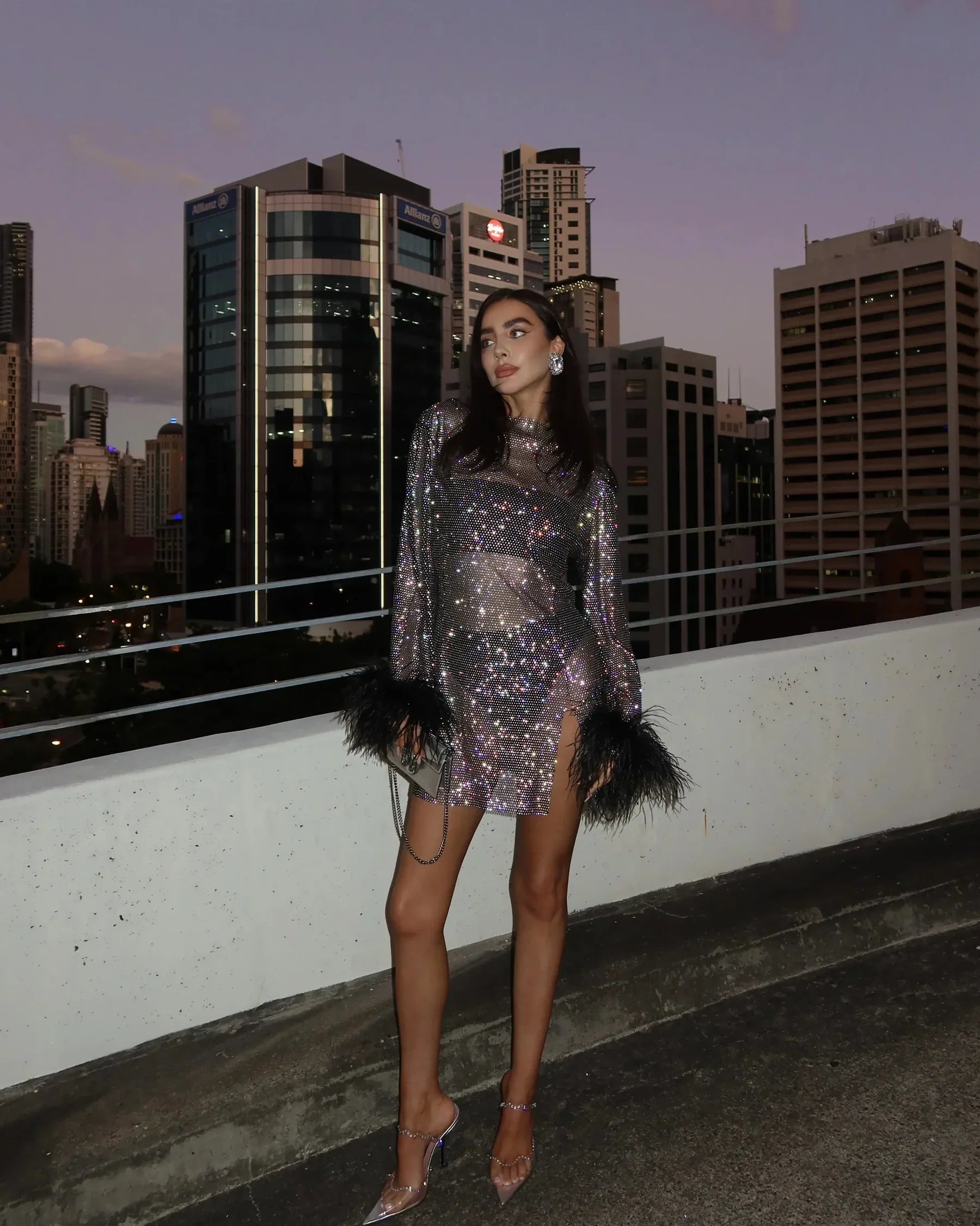 Women's Shimmering Fabric Mini Dress | Elegant Long Sleeve Cocktail Dress with Feather Cuffs 2