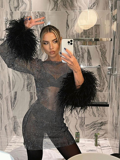 Women's Shimmering Fabric Mini Dress | Elegant Long Sleeve Cocktail Dress with Feather Cuffs 3