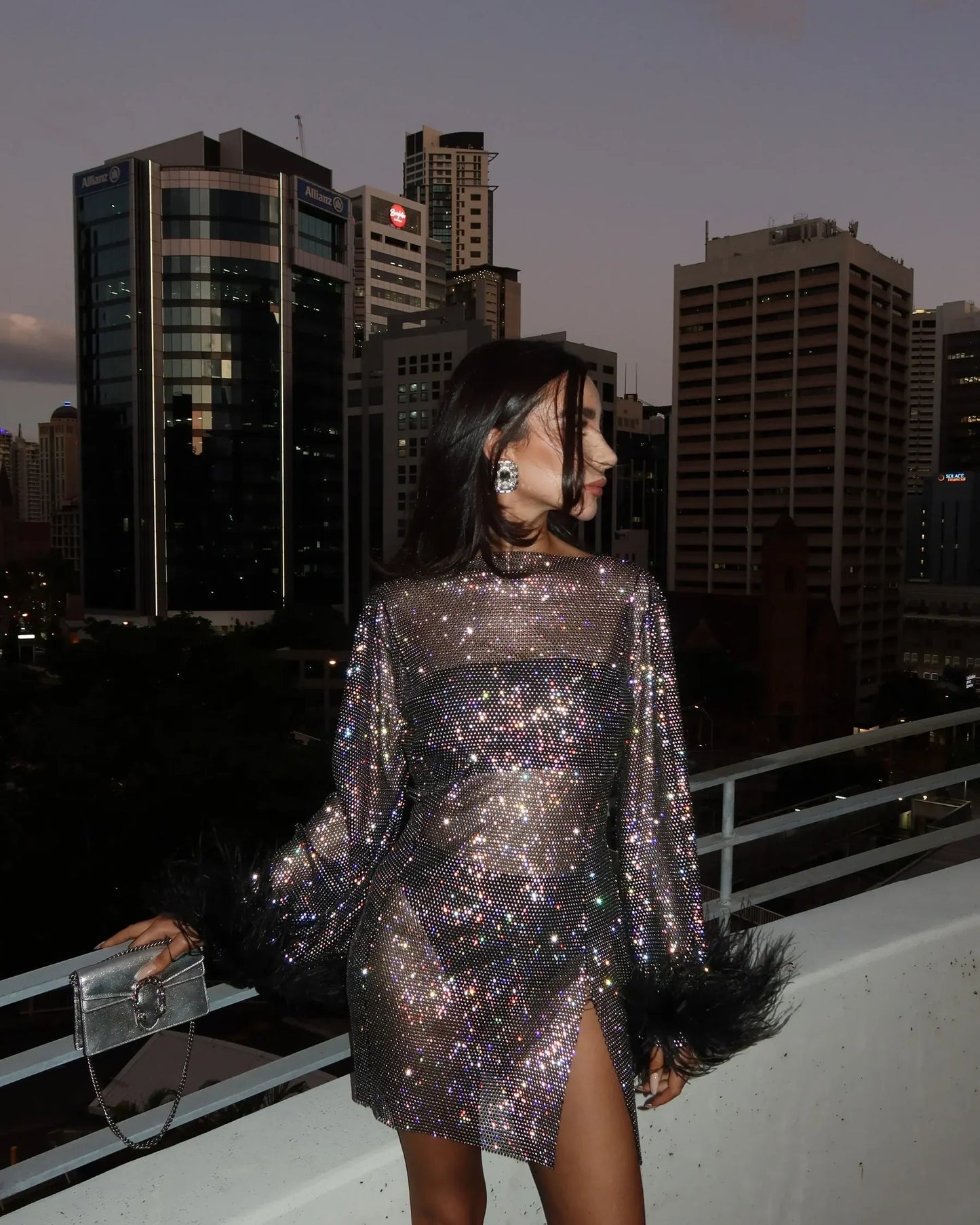 Women's Shimmering Fabric Mini Dress | Elegant Long Sleeve Cocktail Dress with Feather Cuffs 6