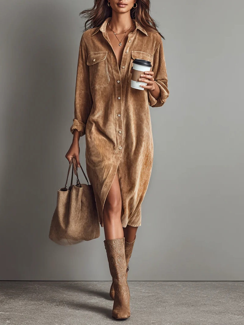 Women's Soft Corduroy Midi Dress | Relaxed Fit with Double Chest Pockets 0
