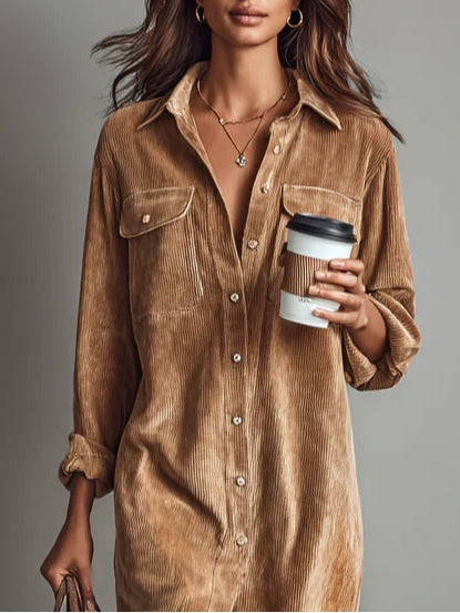 Women's Soft Corduroy Midi Dress | Relaxed Fit with Double Chest Pockets 1