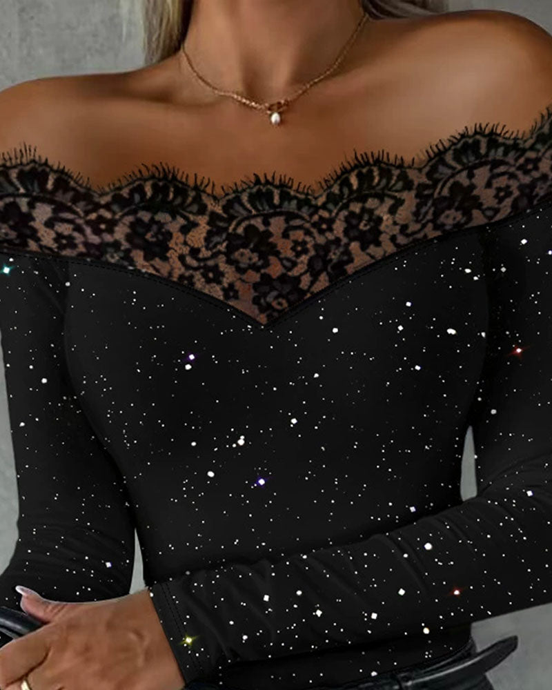 Women's Soft Sequin Off-The-Shoulder Blouse | Elegant Long Sleeve Lace Top 3