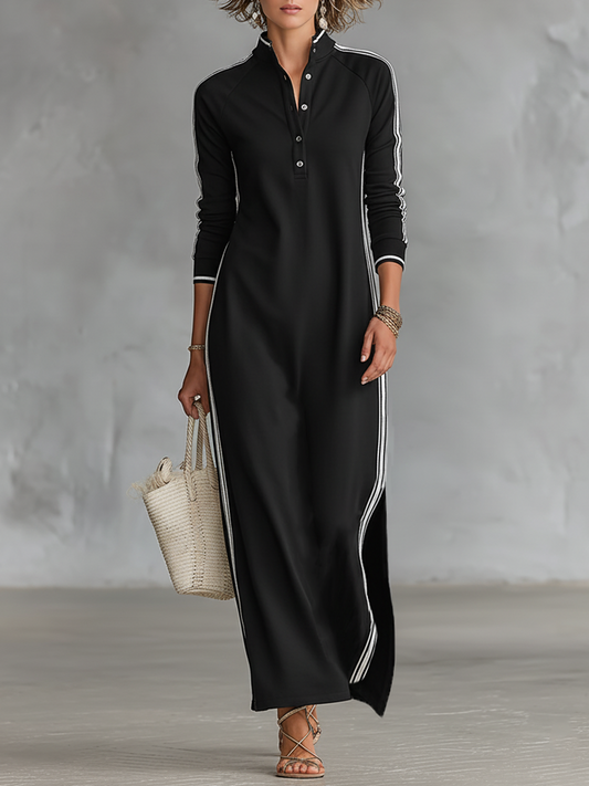 Women's Soft Sweatshirt Maxi Dress | Elegant White Trim Button-Down Collar Dress 0