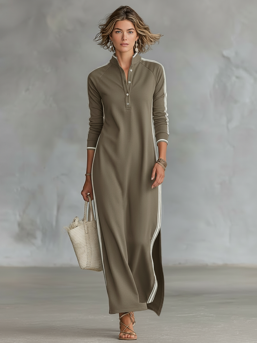 Women's Soft Sweatshirt Maxi Dress | Elegant White Trim Button-Down Collar Dress 2