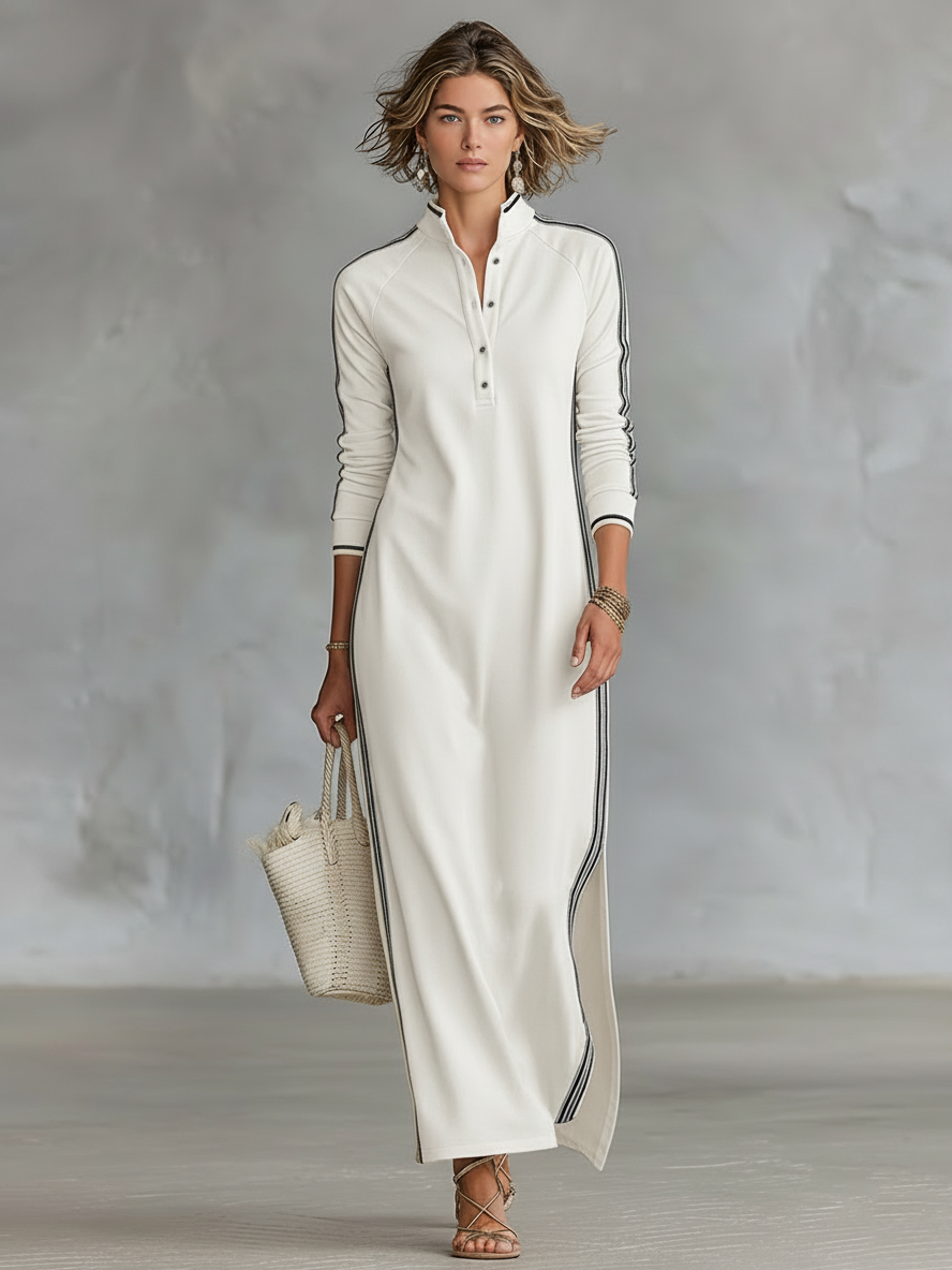 Women's Soft Sweatshirt Maxi Dress | Elegant White Trim Button-Down Collar Dress 3