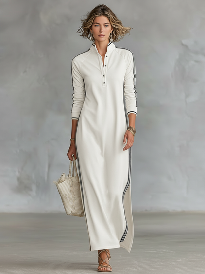 Women's Soft Sweatshirt Maxi Dress | Elegant White Trim Button-Down Collar Dress 3