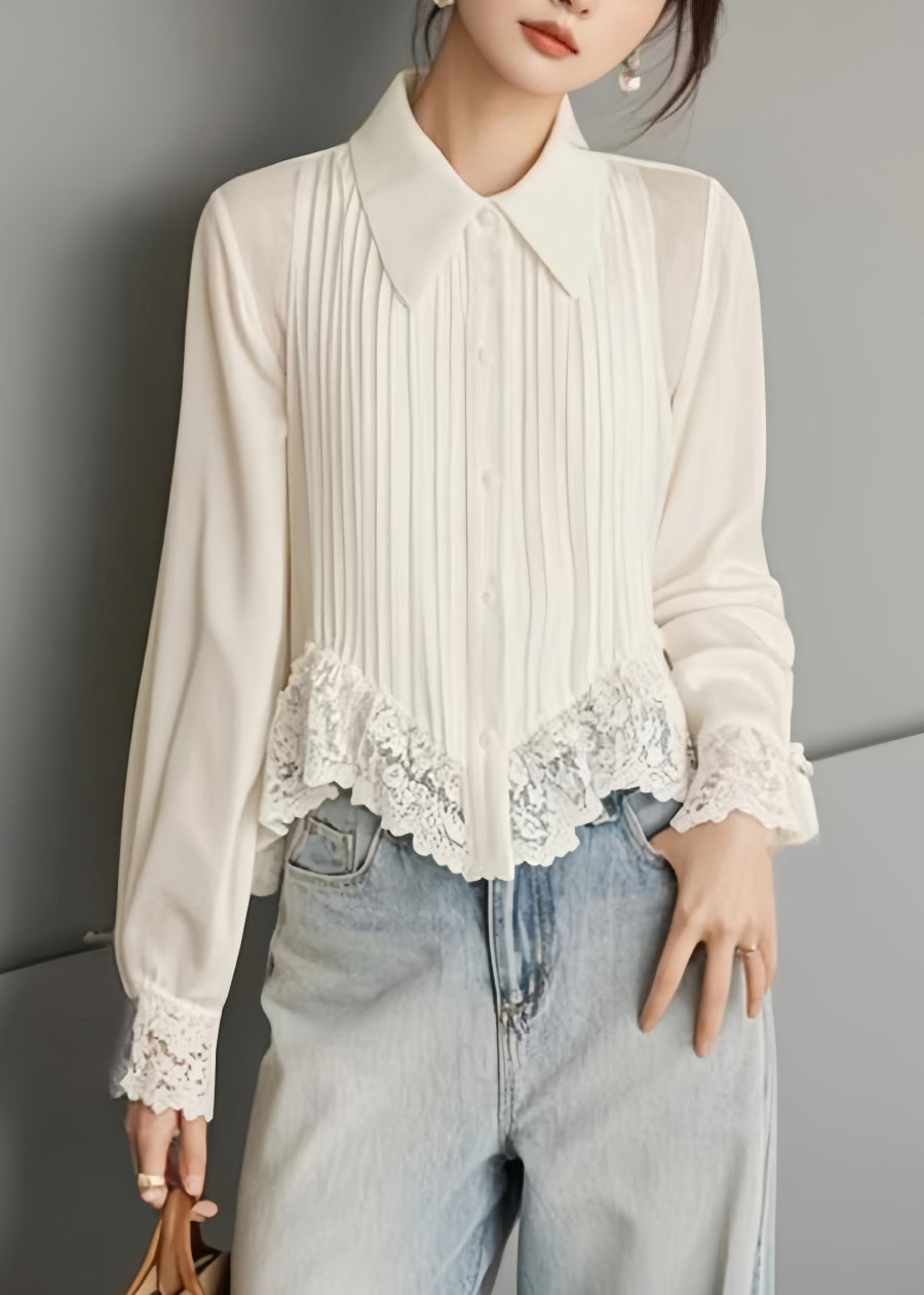 Women's Solid Chiffon Blouse | Elegant Lace Button Spring Top 0