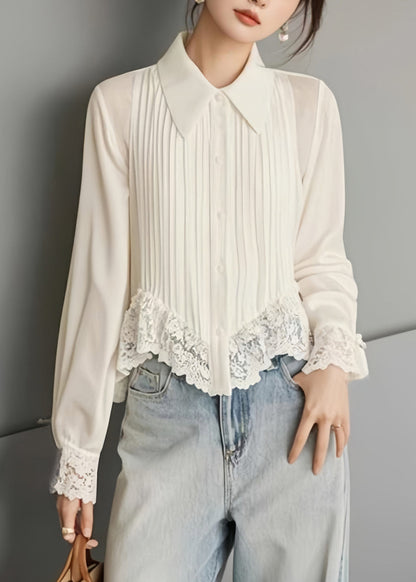 Women's Solid Chiffon Blouse | Elegant Lace Button Spring Top 0