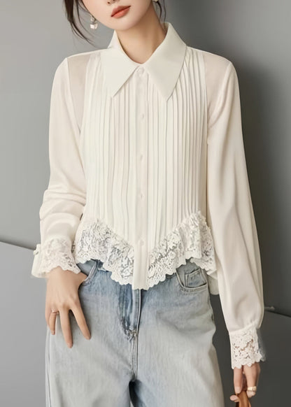 Women's Solid Chiffon Blouse | Elegant Lace Button Spring Top 1