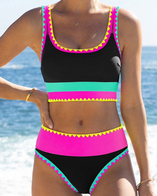Women's Sporty Nylon High Waisted Bikini Set | Color-Contrast 3-Piece Swimwear 0