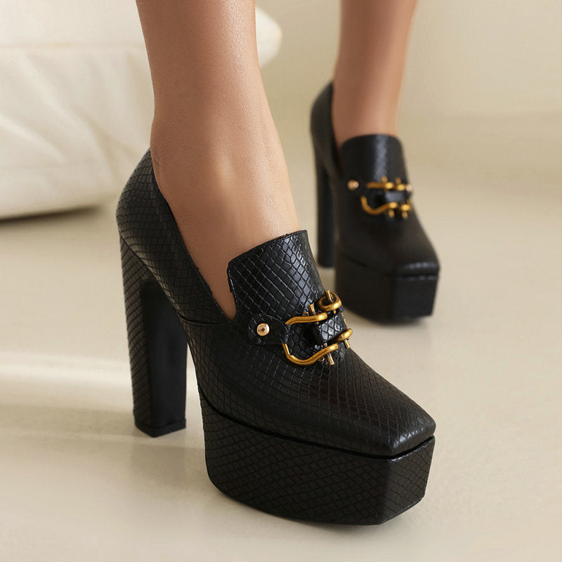Women's Textured Fabric Block Heels | Stylish Black Platform Evening Shoes 3