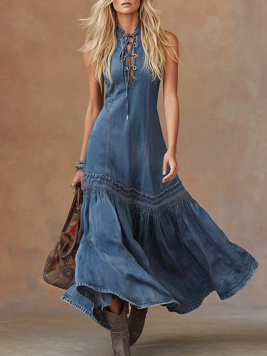 Women's Vintage Denim Maxi Dress | Elegant Sleeveless Flowy Gown 0