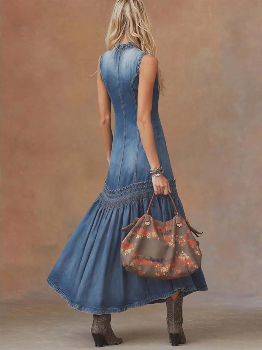 Women's Vintage Denim Maxi Dress | Elegant Sleeveless Flowy Gown 1