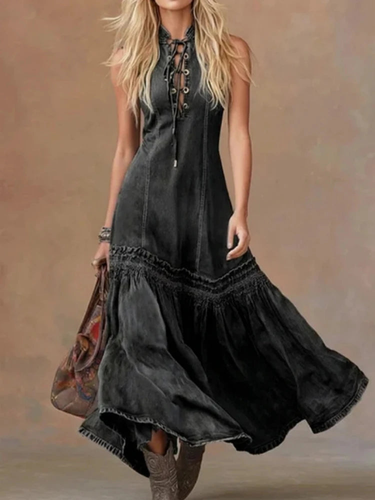 Women's Vintage Denim Maxi Dress | Elegant Sleeveless Flowy Gown 2