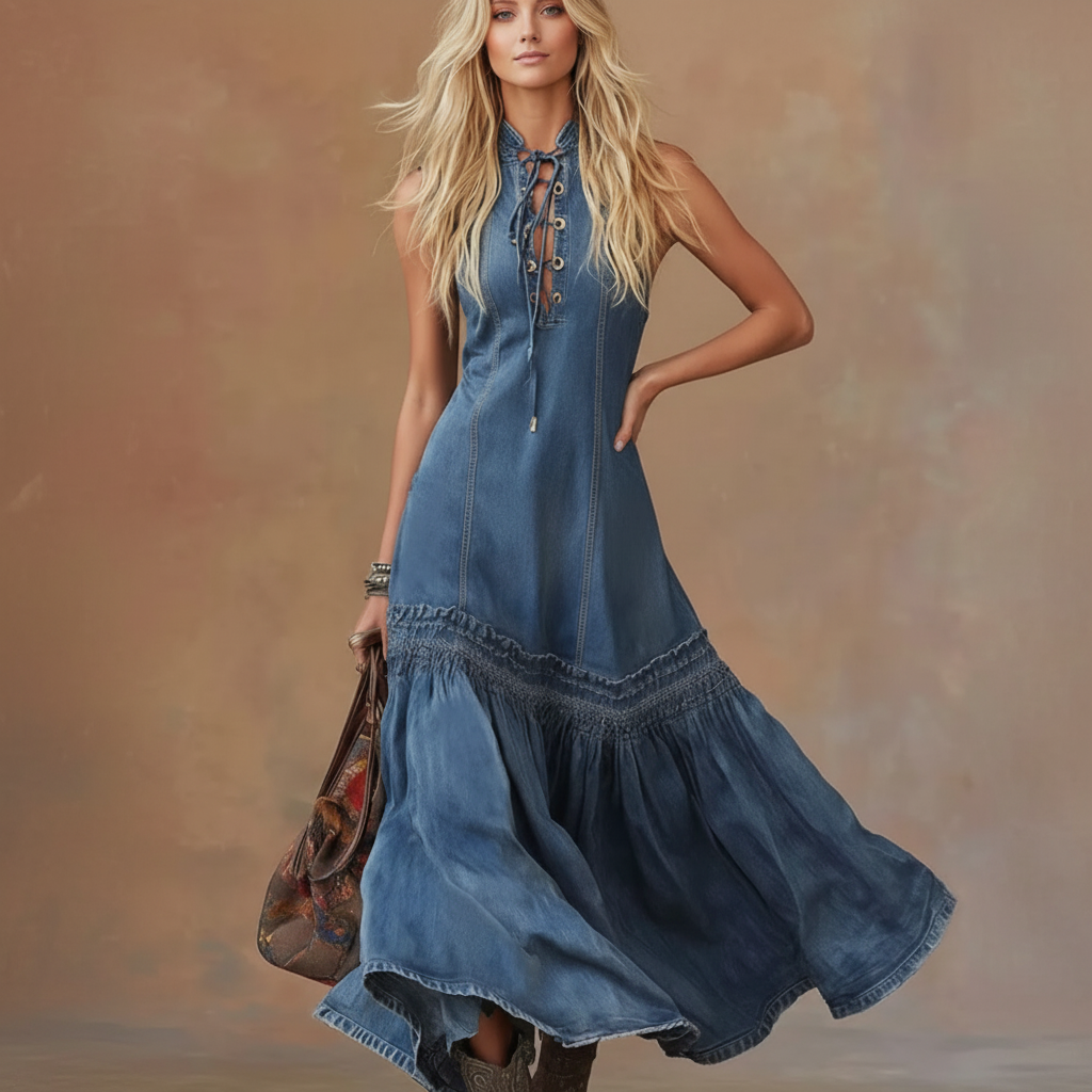 Women's Vintage Denim Maxi Dress | Elegant Sleeveless Flowy Gown 3