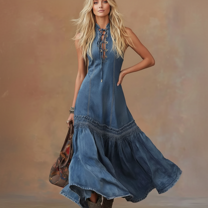 Women's Vintage Denim Maxi Dress | Elegant Sleeveless Flowy Gown 3
