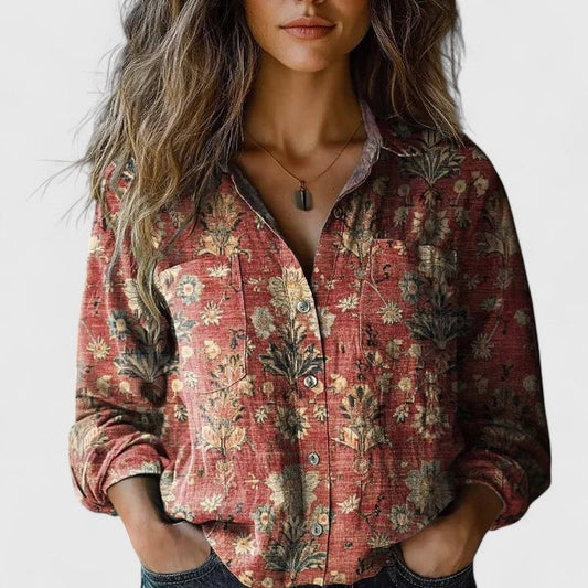 Women's Vintage Floral Print Button-Down Shirt | Relaxed Fit Autumn Blouse 0