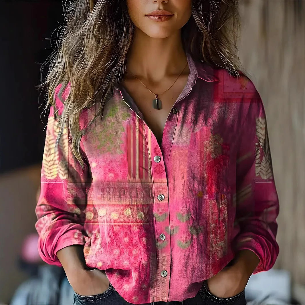 Women's Vintage Floral Print Button-Down Shirt | Relaxed Fit Autumn Blouse 1