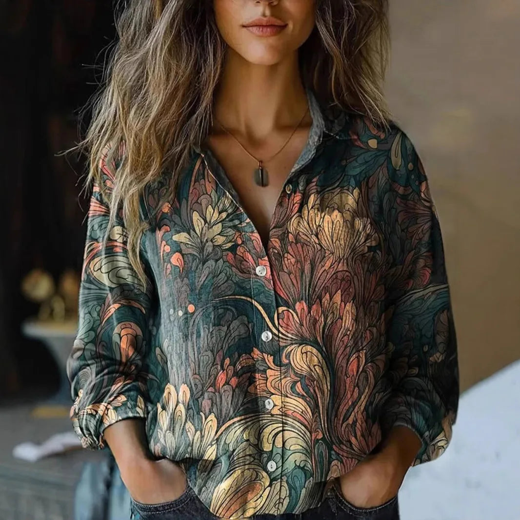 Women's Vintage Floral Print Button-Down Shirt | Relaxed Fit Autumn Blouse 3