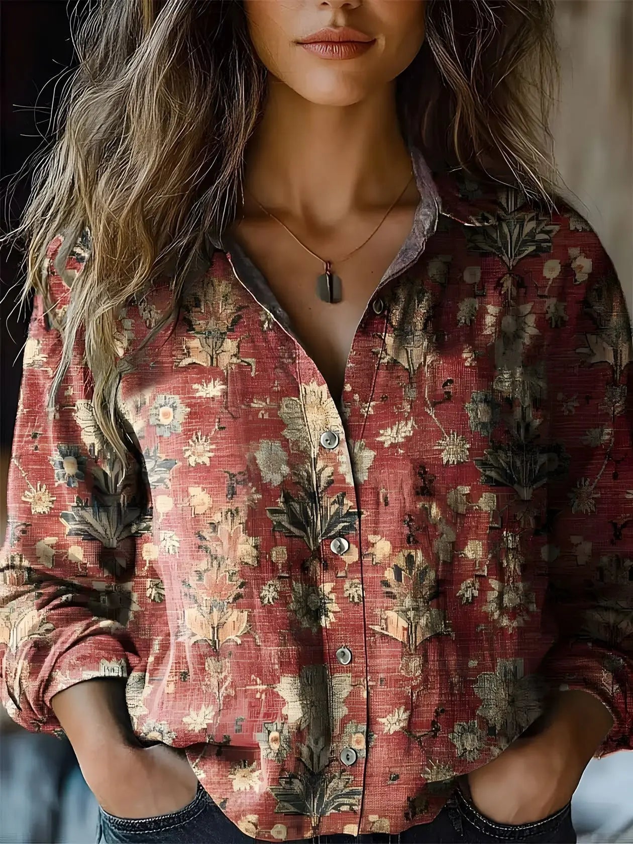 Women's Vintage Floral Print Button-Down Shirt | Relaxed Fit Autumn Blouse 6