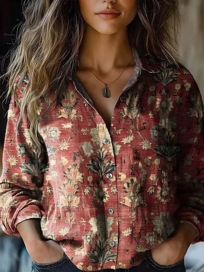 Women's Vintage Floral Print Button-Down Shirt | Relaxed Fit Autumn Blouse 6