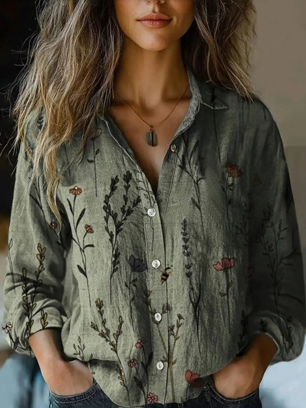 Women's Vintage Floral Print Button-Down Shirt | Relaxed Fit Autumn Blouse 7